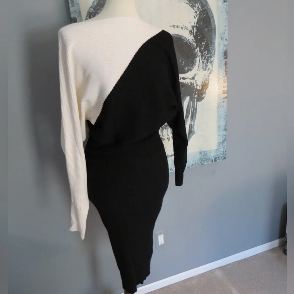 Black and White Asymmetrical Sweater Dress - Picture 2 of 4
